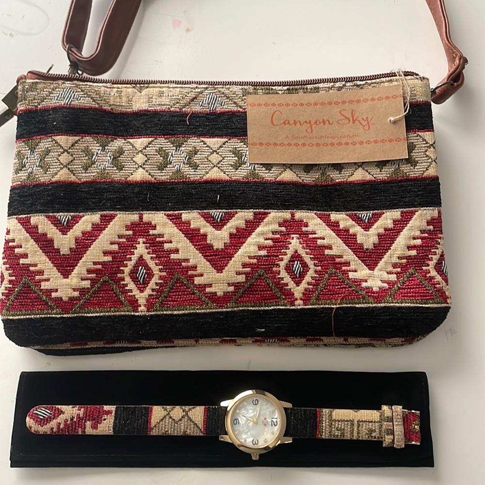 Canyon Sky crossbody purse with matching watch in tapestry fabric